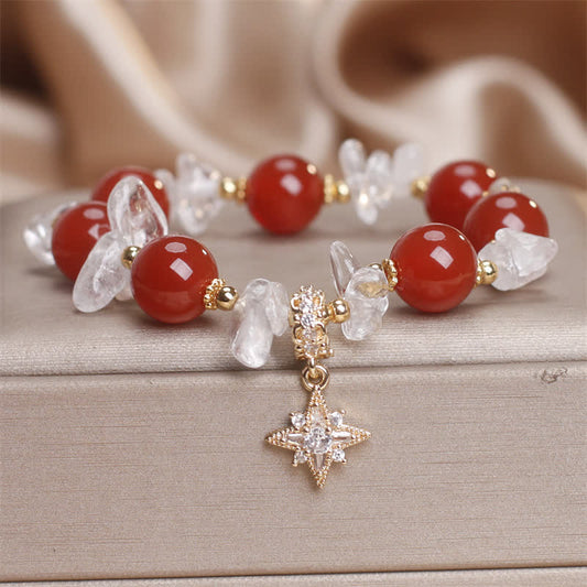 Wear FengShui Natural Red Agate Clear Quartz Hexagram Charm Confidence Bracelet