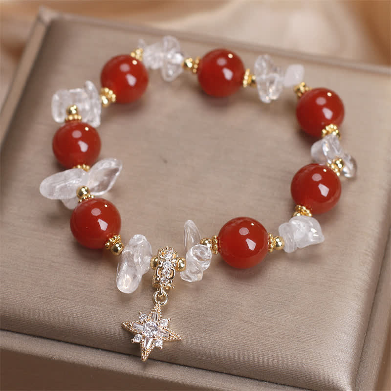 Wear FengShui Natural Red Agate Clear Quartz Hexagram Charm Confidence Bracelet