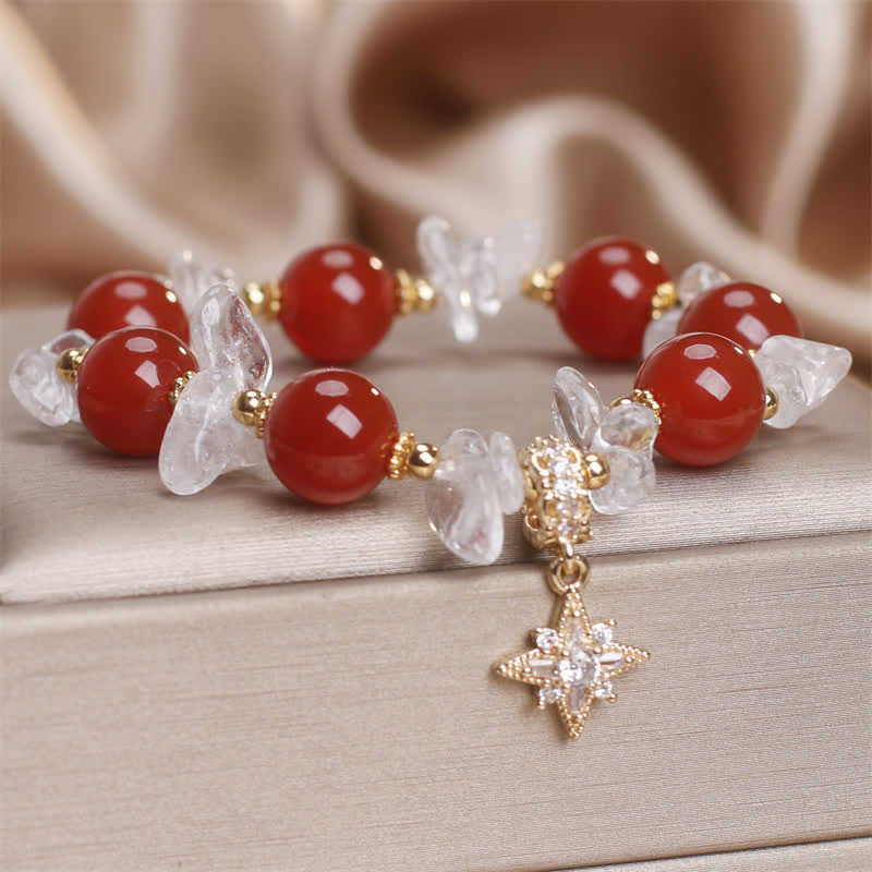 Wear FengShui Natural Red Agate Clear Quartz Hexagram Charm Confidence Bracelet