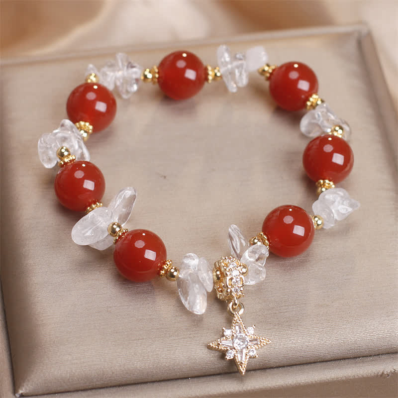 Wear FengShui Natural Red Agate Clear Quartz Hexagram Charm Confidence Bracelet