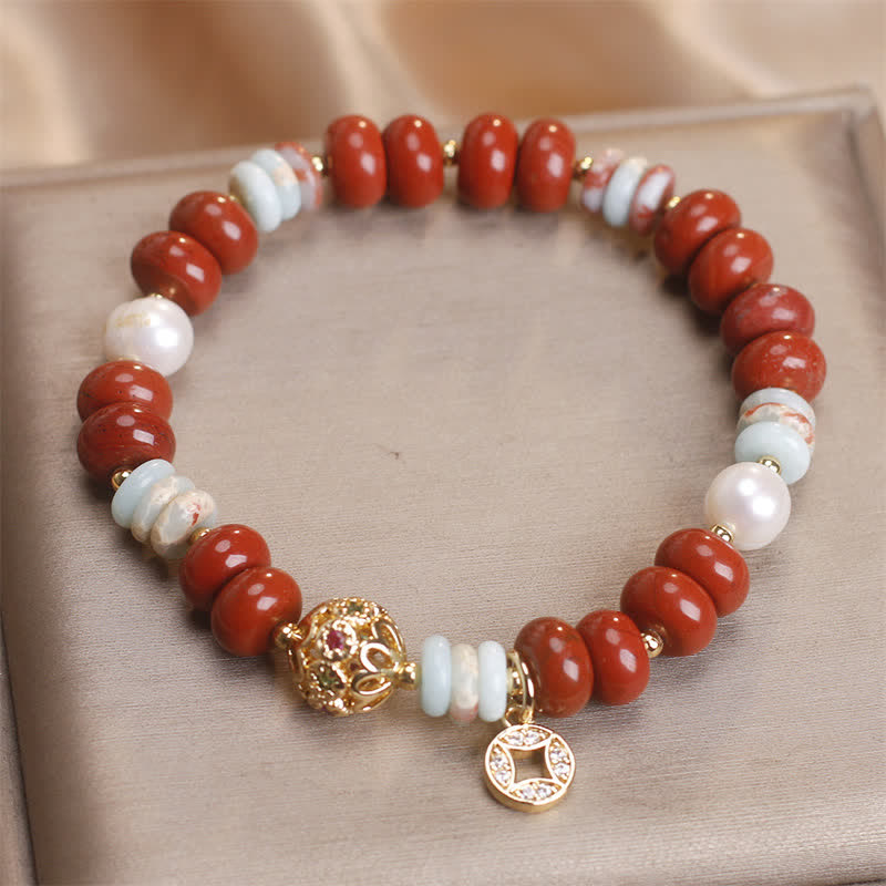 Wear FengShui Red Jasper Shoushan Stone Abacus Beads Copper Coin Protection Bracelet