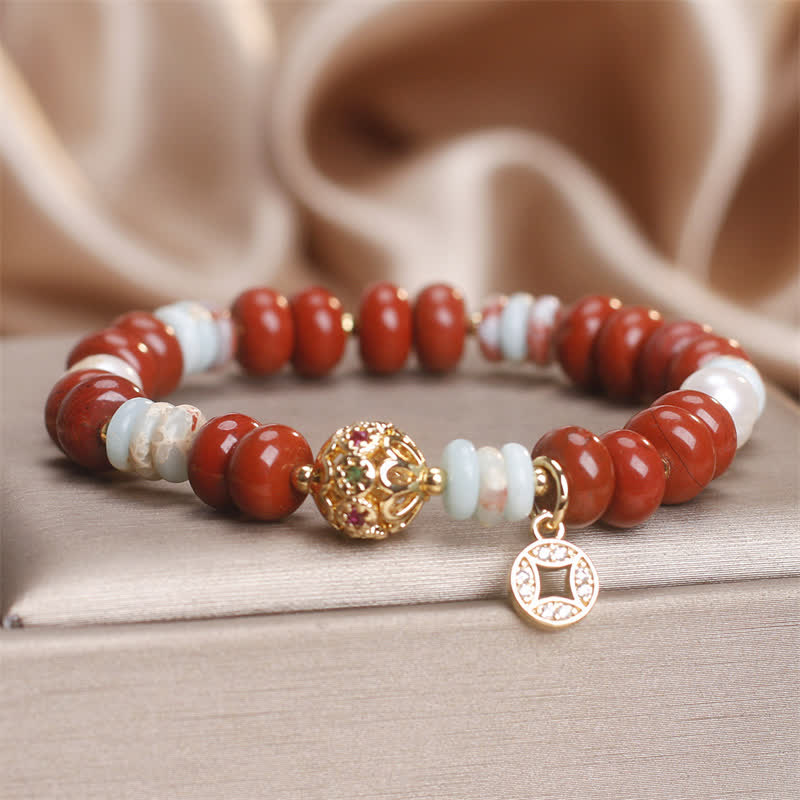 Wear FengShui Red Jasper Shoushan Stone Abacus Beads Copper Coin Protection Bracelet