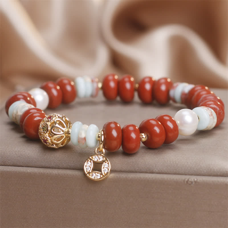 Wear FengShui Red Jasper Shoushan Stone Abacus Beads Copper Coin Protection Bracelet