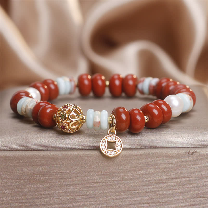 Wear FengShui Red Jasper Shoushan Stone Abacus Beads Copper Coin Protection Bracelet