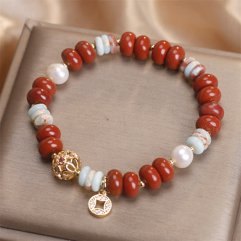 Wear FengShui Red Jasper Shoushan Stone Abacus Beads Copper Coin Protection Bracelet