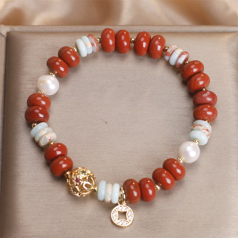 Wear FengShui Red Jasper Shoushan Stone Abacus Beads Copper Coin Protection Bracelet