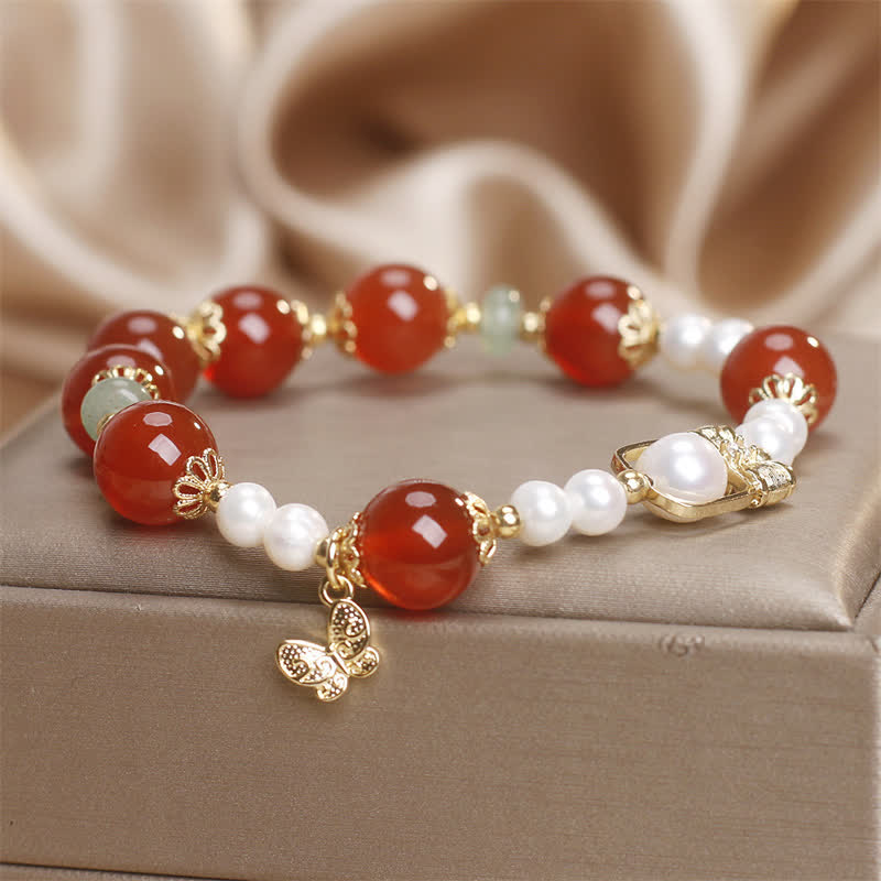 Wear FengShui Natural Red Agate Pearl Butterfly Self-acceptance Bracelet