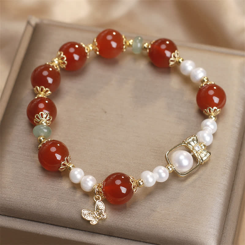 Wear FengShui Natural Red Agate Pearl Butterfly Self-acceptance Bracelet