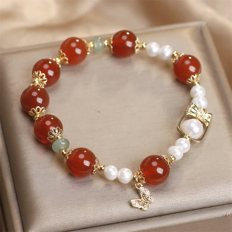 Wear FengShui Natural Red Agate Pearl Butterfly Self-acceptance Bracelet