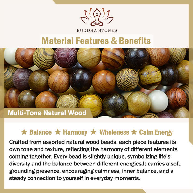 Wear FengShui 108 Beads Multi-Tone Natural Wood Calm Energy Mala