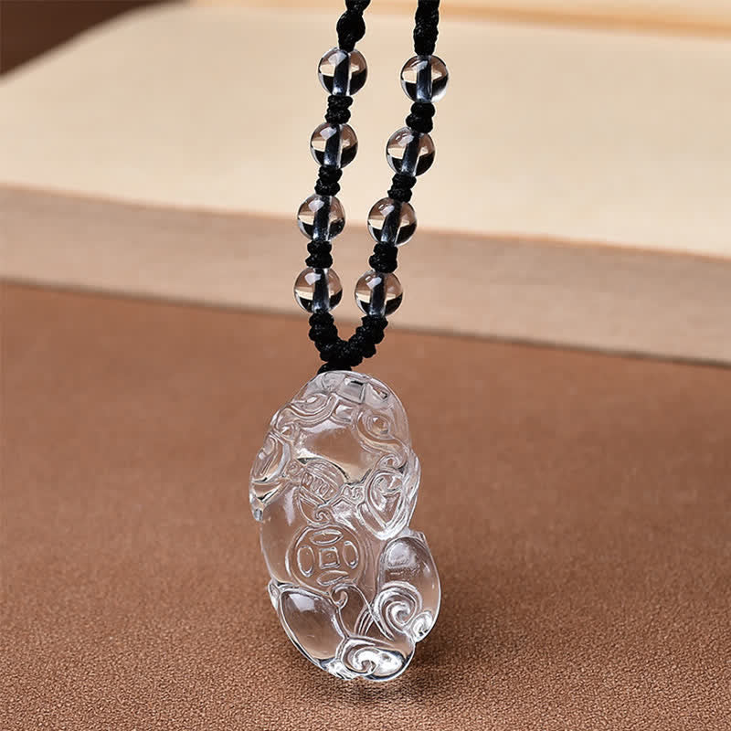 Wear FengShui Natural Clear Quartz Pixiu Clarity Beads Rope Necklace