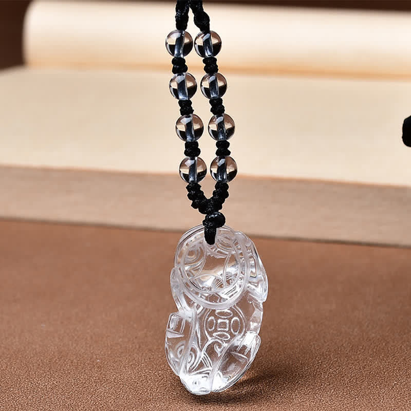 Wear FengShui Natural Clear Quartz Pixiu Clarity Beads Rope Necklace