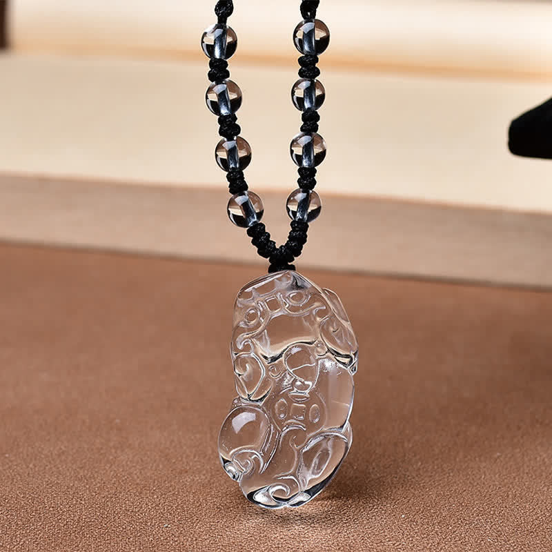 Wear FengShui Natural Clear Quartz Pixiu Clarity Beads Rope Necklace