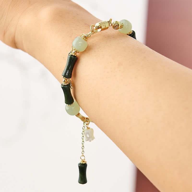 Wear FengShui Hetian Jade Peridot Bamboo Lily Of The Valley Wealth Faithfulness Adjustable Bracelet