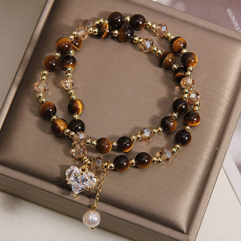 Wear FengShui Natural Tiger Eye Love Heart Double Wrap Protection Bracelet