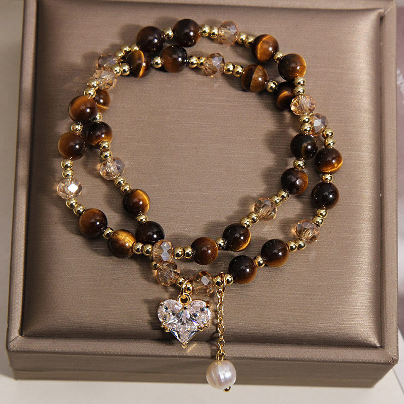 Wear FengShui Natural Tiger Eye Love Heart Double Wrap Protection Bracelet