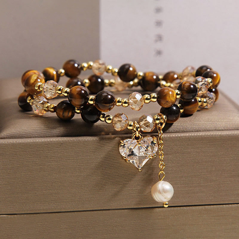 Wear FengShui Natural Tiger Eye Love Heart Double Wrap Protection Bracelet