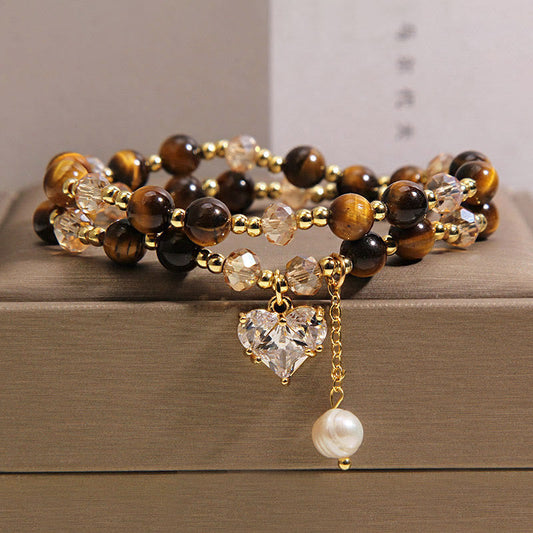 Wear FengShui Natural Tiger Eye Love Heart Double Wrap Protection Bracelet