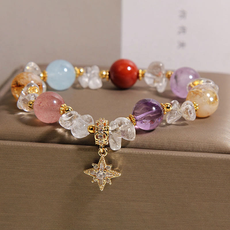 Wear FengShui Natural Various Crystal Clear Quartz Zircon Hexagram Charm Healing Bracelet