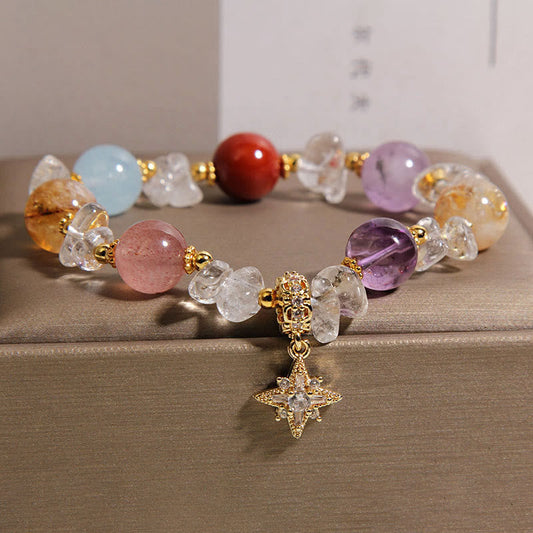 Wear FengShui Natural Various Crystal Clear Quartz Zircon Hexagram Charm Healing Bracelet