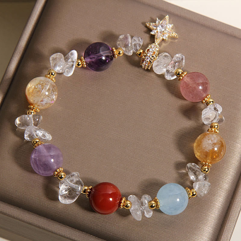 Wear FengShui Natural Various Crystal Clear Quartz Zircon Hexagram Charm Healing Bracelet