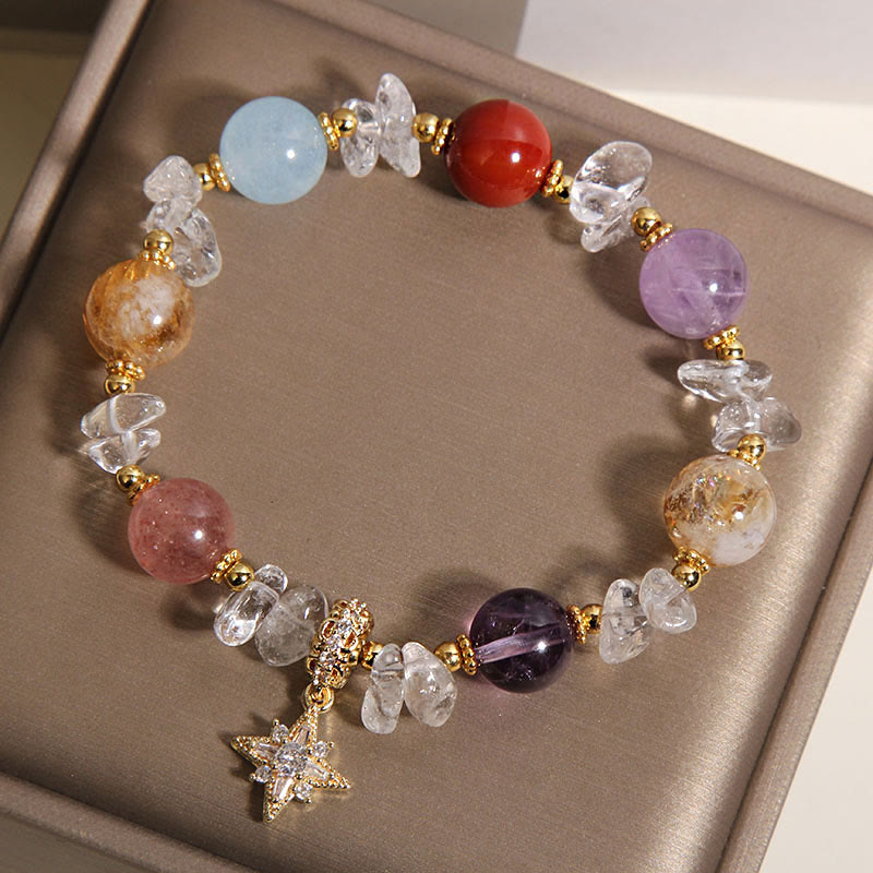 Wear FengShui Natural Various Crystal Clear Quartz Zircon Hexagram Charm Healing Bracelet