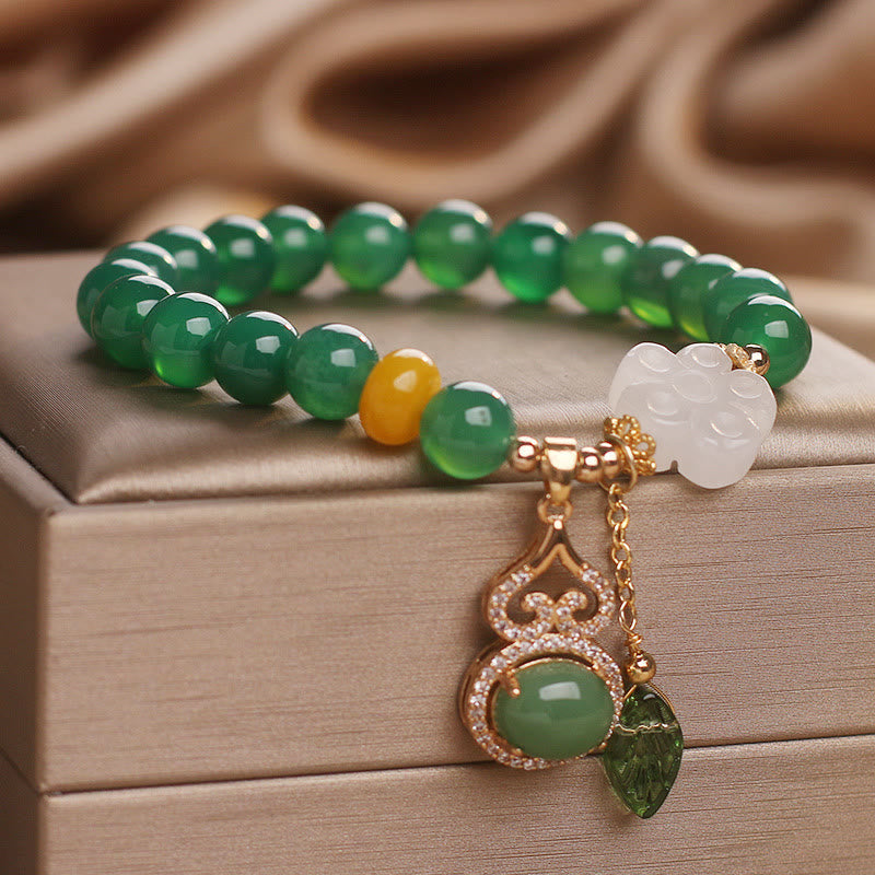 Wear FengShui Green Agate White Jade Flower Gourd Leaf Charm Support Bracelet