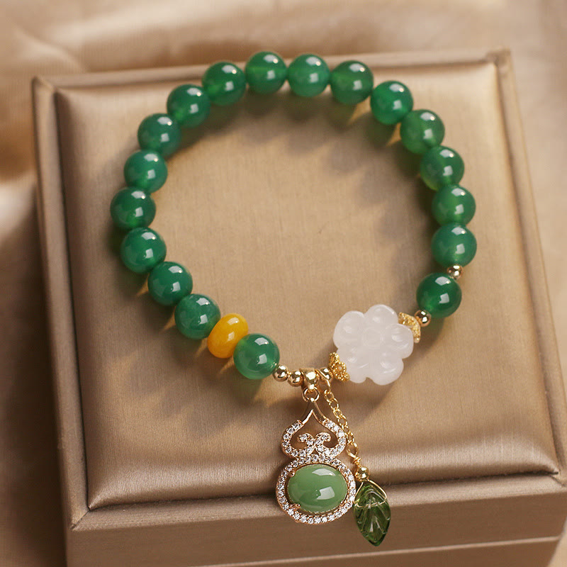 Wear FengShui Green Agate White Jade Flower Gourd Leaf Charm Support Bracelet