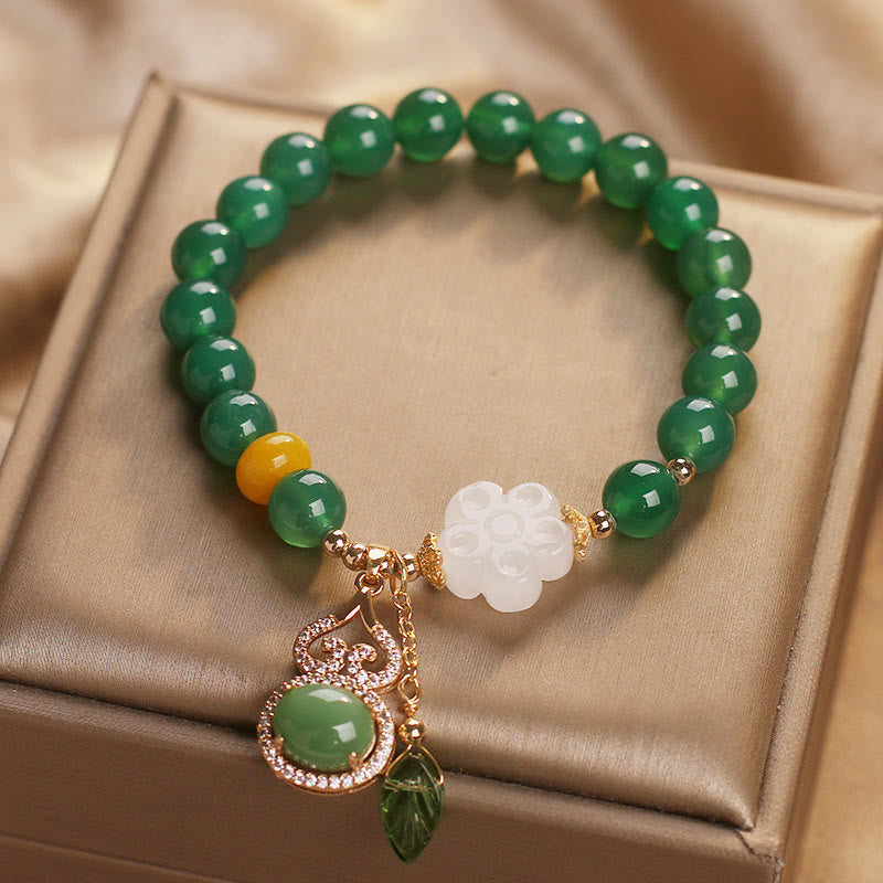 Wear FengShui Green Agate White Jade Flower Gourd Leaf Charm Support Bracelet
