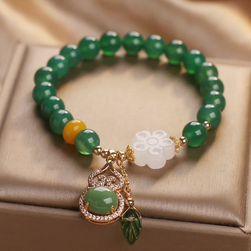 Wear FengShui Green Agate White Jade Flower Gourd Leaf Charm Support Bracelet