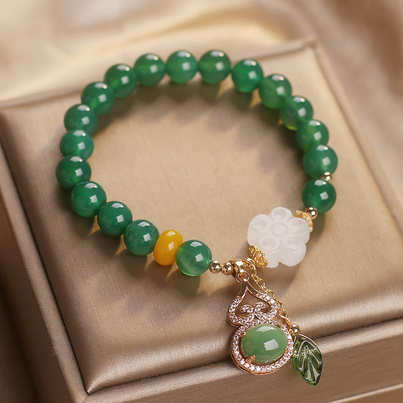 Wear FengShui Green Agate White Jade Flower Gourd Leaf Charm Support Bracelet