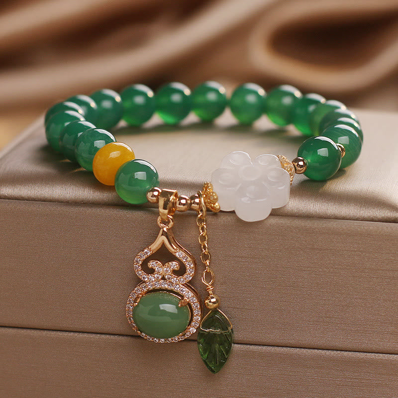Wear FengShui Green Agate White Jade Flower Gourd Leaf Charm Support Bracelet