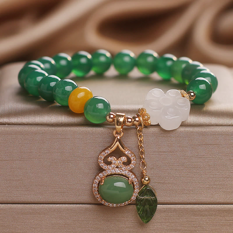 Wear FengShui Green Agate White Jade Flower Gourd Leaf Charm Support Bracelet