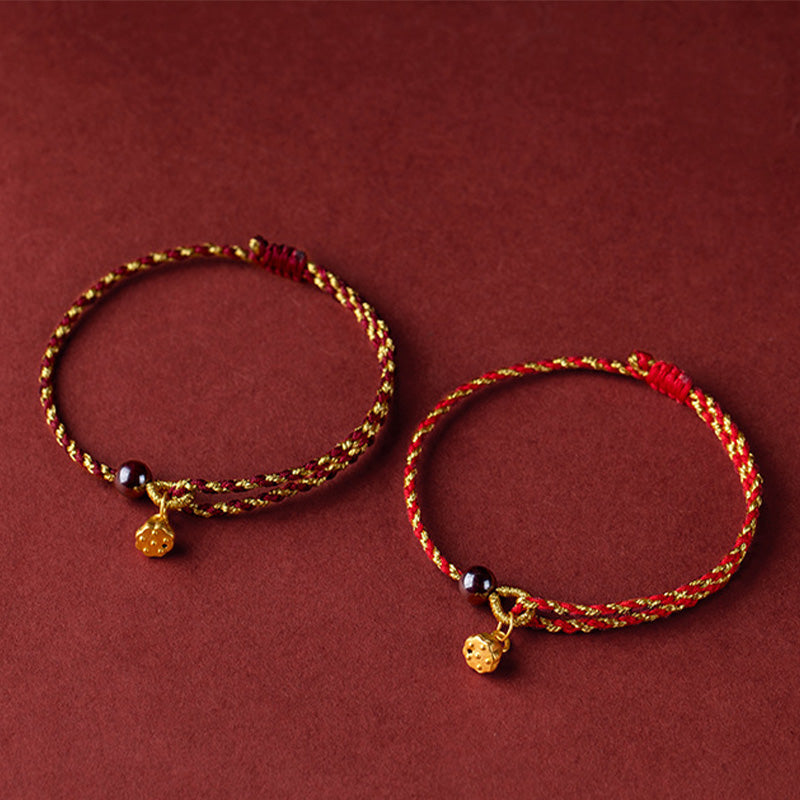 Wear FengShui Handcrafted Red Gold Rope Lotus Peace And Joy Charm Braid Bracelet