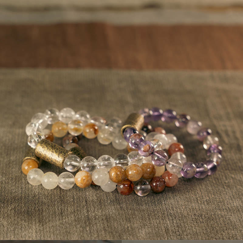 Wear FengShui White Crystal Red Hematoid Quartz Gold Rutilated Quartz Purple Phantom Protection Bracelet