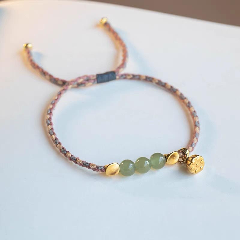 Wear FengShui Handcrafted Hetian Jade Lotus Charm Luck Braided Bracelet