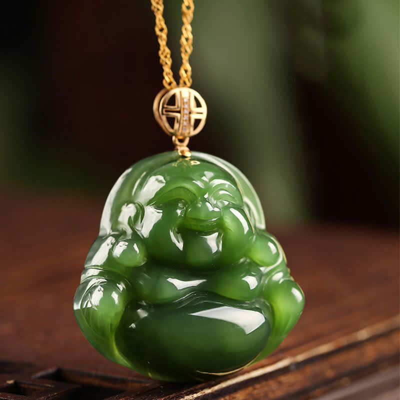 Wear FengShui 925 Sterling Silver Laughing Buddha Hetian Cyan Jade 18K Gold Success Necklace Chain Pendant