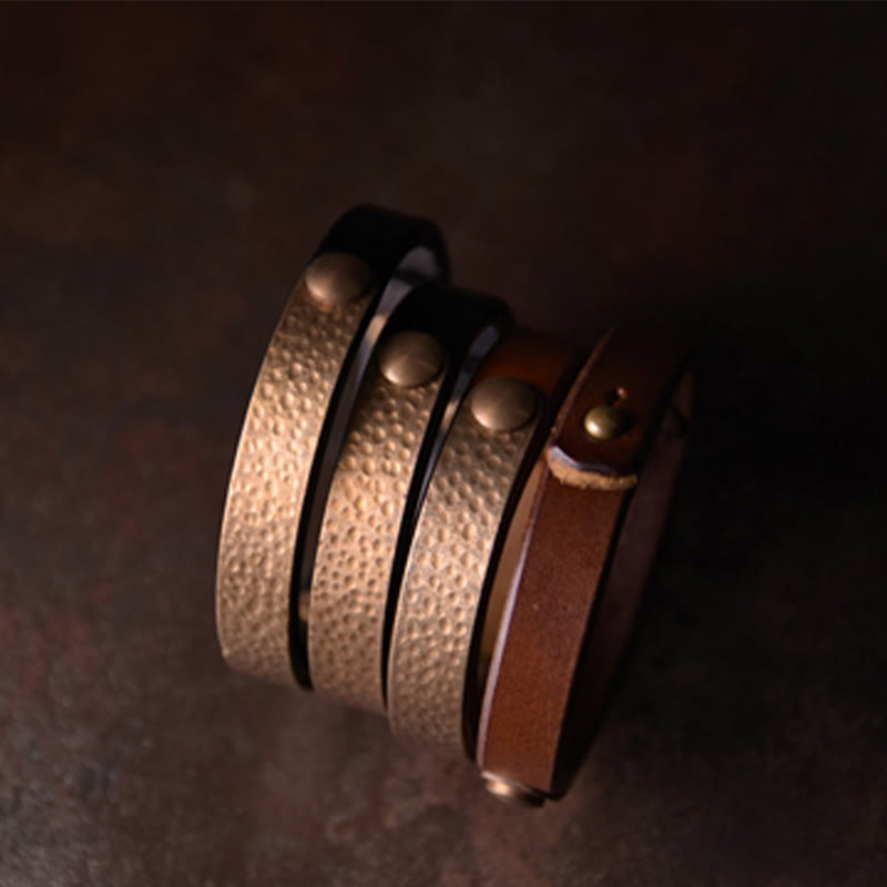 Wear FengShui Vintage Handmade Texture Copper Brass Leather Wealth Bracelet Bangle