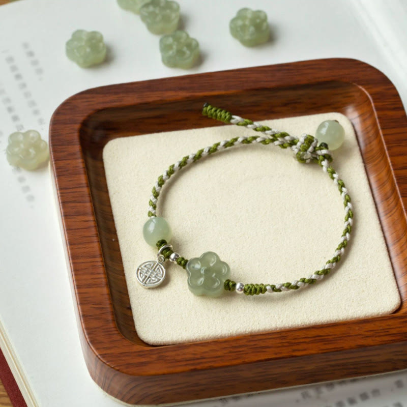 Wear FengShui Handmade Plum Blossom Flower Jade Luck Prosperity Braided Bracelet