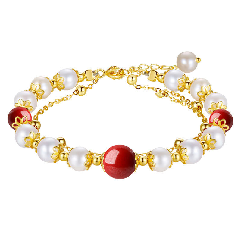 Wear FengShui 925 Sterling Silver Pearl Cinnabar Wisdom Bead Double Layer Chain Bracelet
