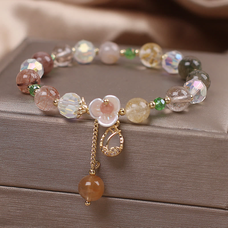 Wear FengShui Strawberry Quartz Rutilated Quartz Fluorite Flower Healing Bracelet
