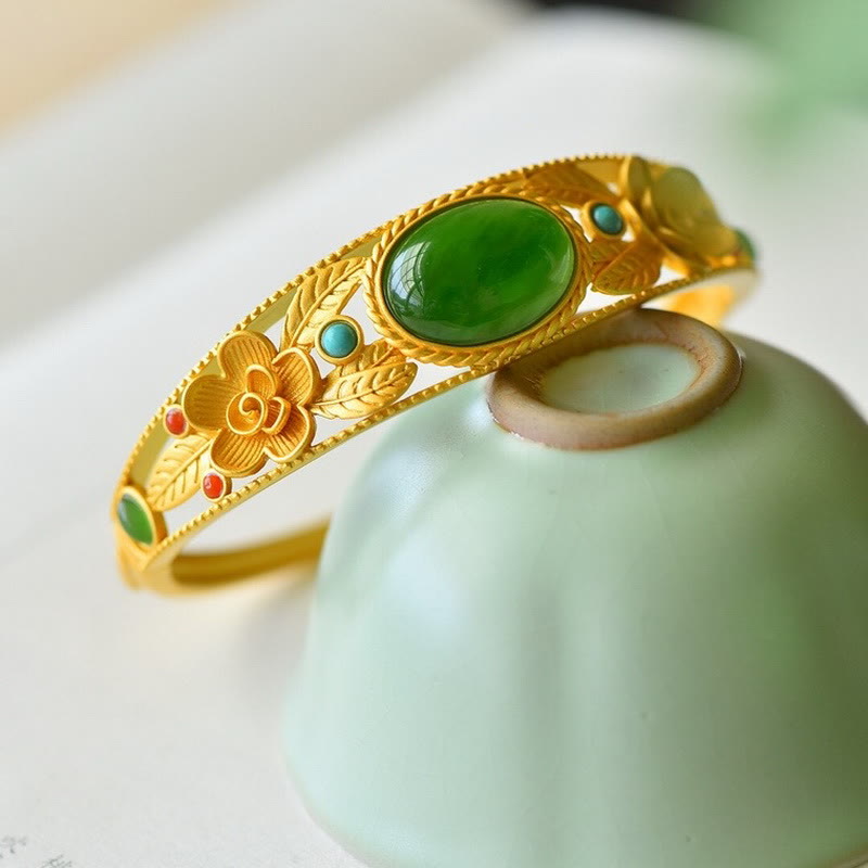 Wear FengShui Cyan Jade White Jade Flower Leaf Harmony Luck Bracelet Bangle