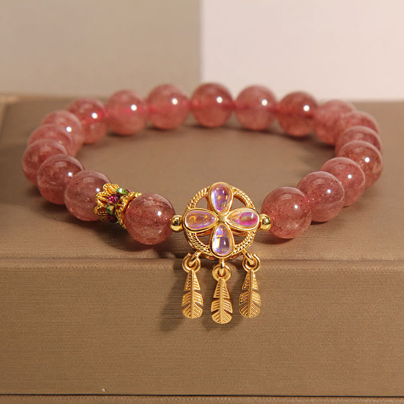 Wear FengShui Natural Strawberry Quartz Four Leaf Clover Dreamcatcher Charm Love Bracelet