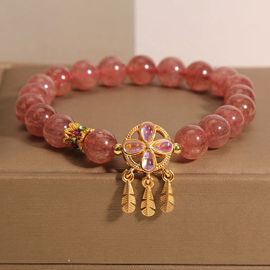Wear FengShui Natural Strawberry Quartz Four Leaf Clover Dreamcatcher Charm Love Bracelet