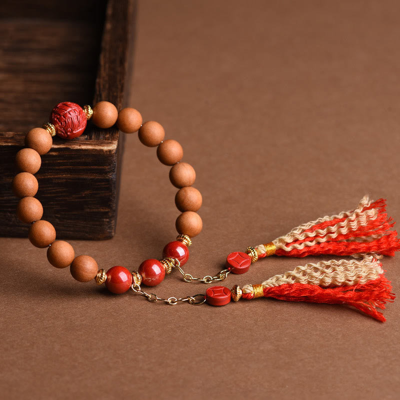 Wear FengShui Tibetan Natural Peach Wood Cinnabar PiXiu Wealth Tassels Bracelet