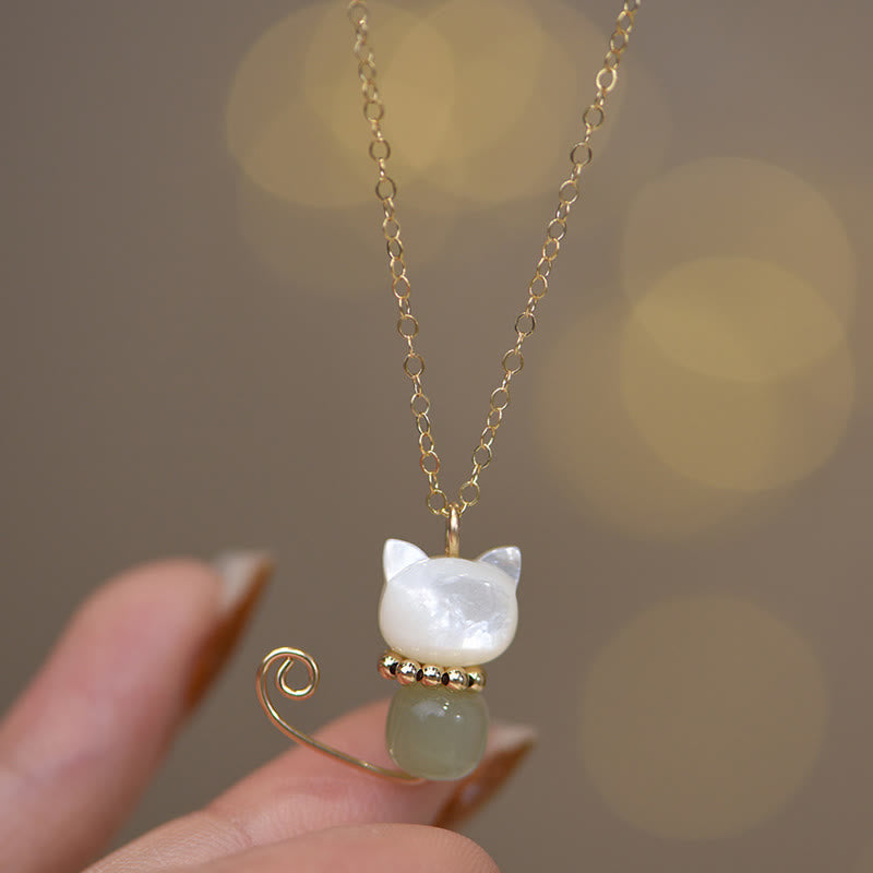 Wear FengShui 14K Gold Plated Pearl Hetian Jade Shell Luck Cat Kitten Necklace Pendant