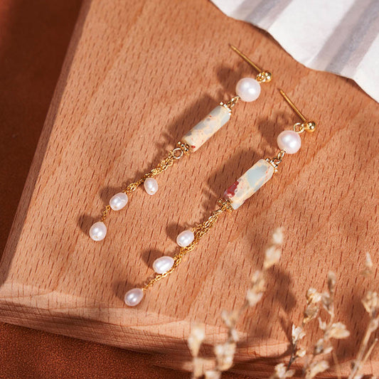 Wear FengShui 925 Sterling Silver Posts Shoushan Stone Pearl Healing Drop Earrings