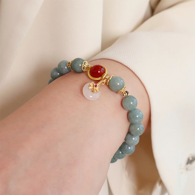 Wear FengShui Natural Jade Red Agate Pearl Bow Tie Luck Bracelet