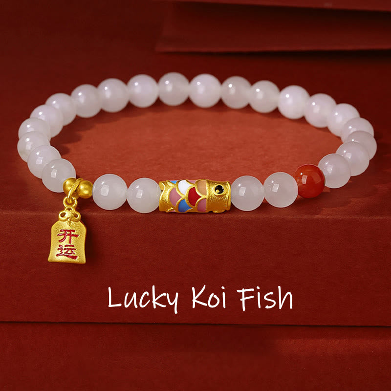 Wear FengShui 925 Sterling Silver Hetian White Jade Red Agate Koi Fish Luck Happiness Bracelet