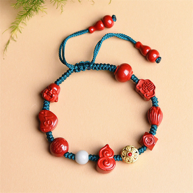 Wear FengShui Natural Cinnabar Gourd Om Mani Padme Hum Laughing Buddha Blessing String Bracelet